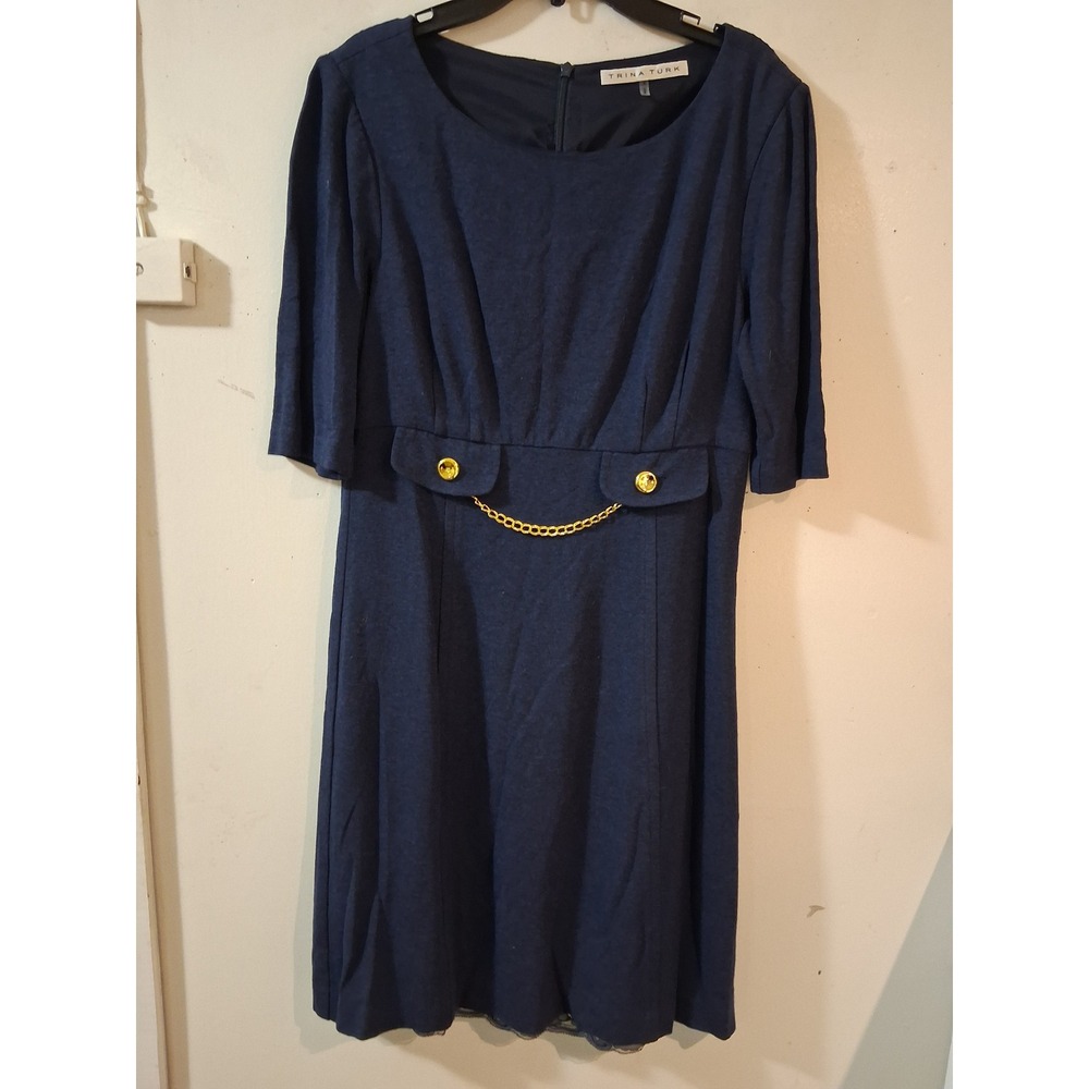 Trina Turk Womens Navy Blue Gold Chain Detail Sheath Dress Size 8 Elbow Sleeve